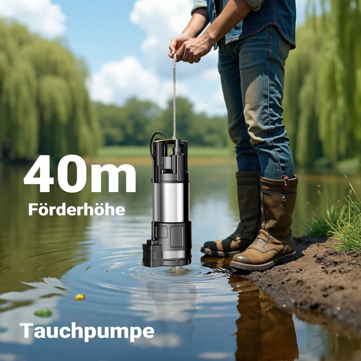 Wiltec Tauchpumpe mit Trockenlaufschutz und Schwimmerschalter 1200 W, Tiefbrunnenpumpe 6000 l/h, Was