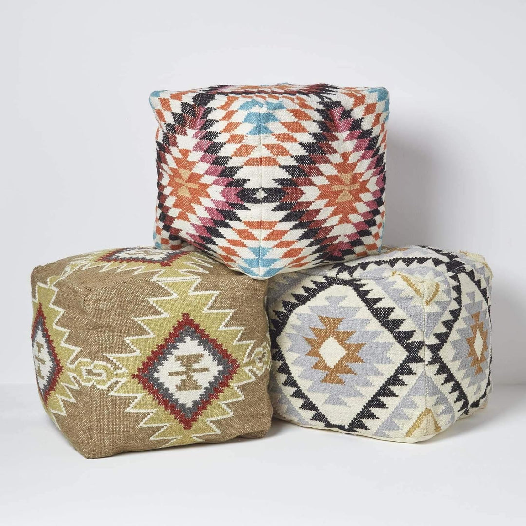 Homescapes Pouf im Boho-Look, braun und orange gemusterter Kelim-Fusshocker Jaipur, buntes Bodenkiss