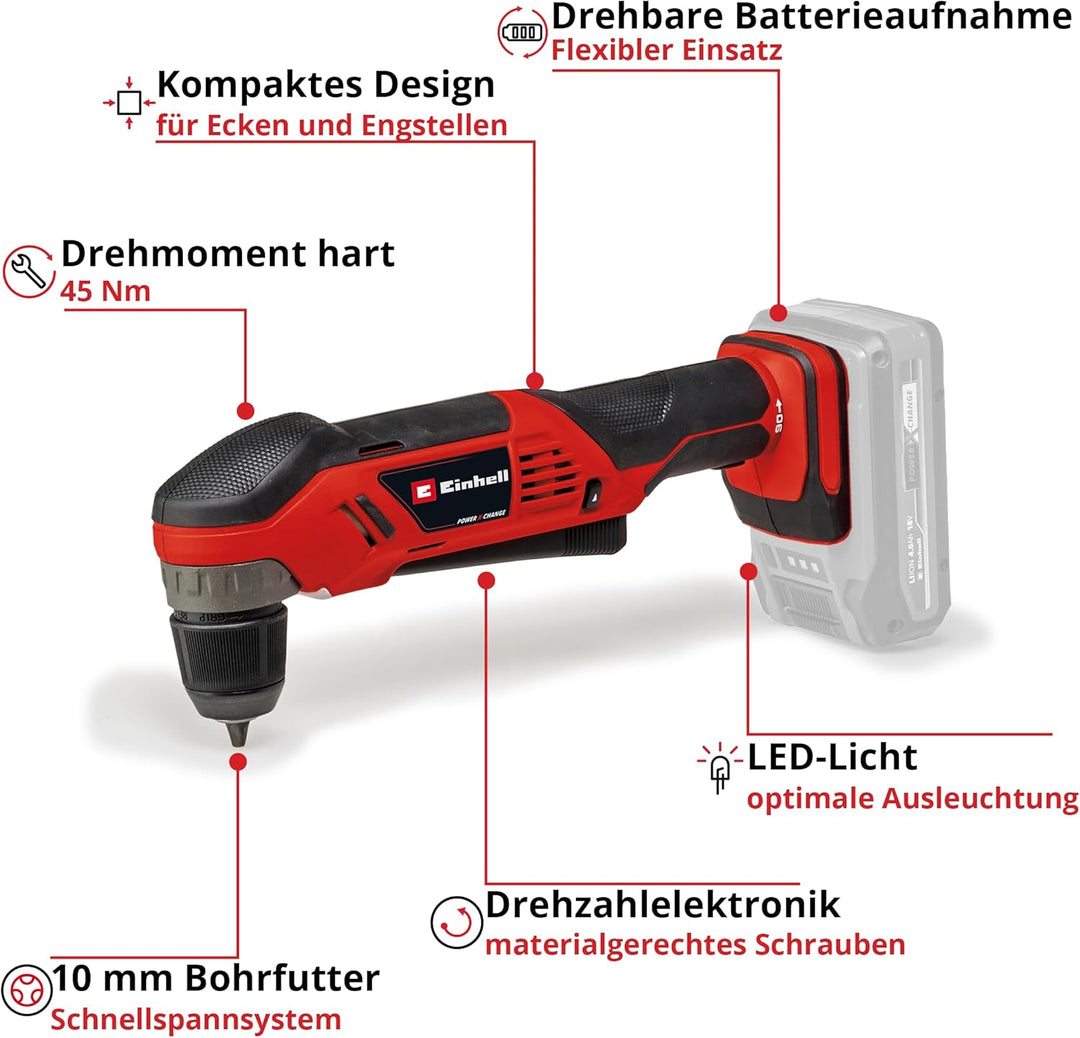 Einhell Akku-Winkelbohrmaschine TE-AD 18 Li-Solo Power X-Change (18 V, 45 Nm, 10 mm Schnellspannbohr