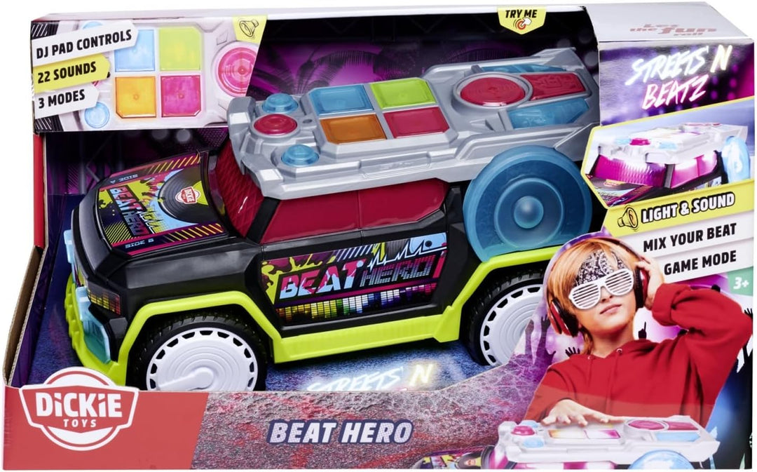 Dickie Toys - Beat Hero Spielzeugauto mit DJ-Pult und 22 Sounds, Auto mit Hip-Hop, Pop und Elektroni