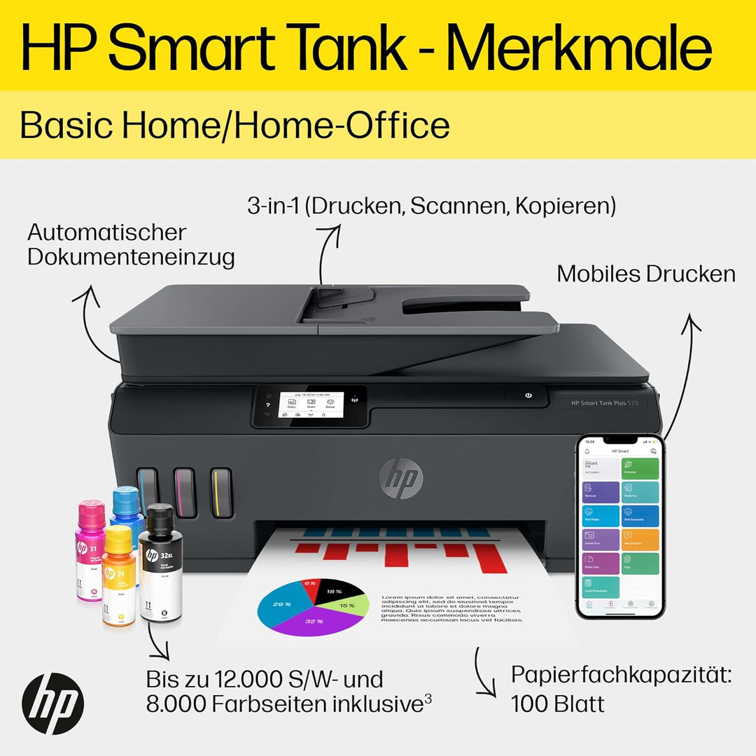 HP Smart Tank Plus 570 Multifunktionsdrucker (Drucker, Scanner, Kopierer, WLAN, AirPrint, 3-in-1, in