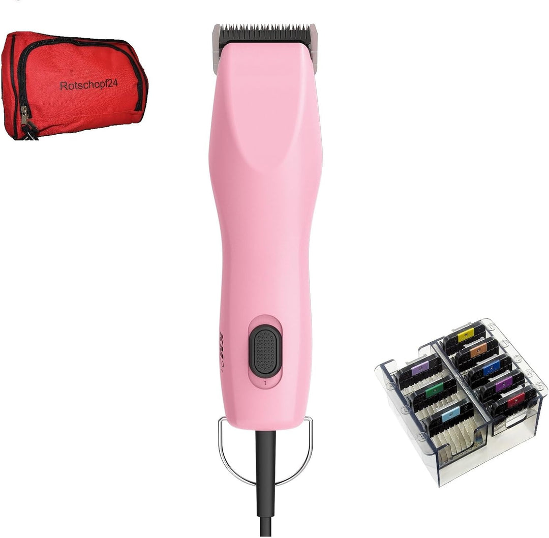 Rotschopf24 Edition mit Tasche: KM2 Hunde Schermaschine pink+ 8 Metallaufsätze (3-25mm). 45 Watt Pow