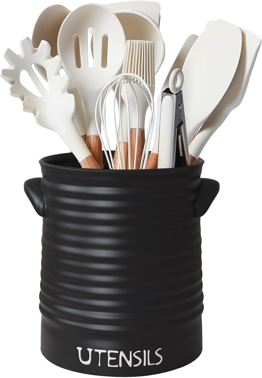 Karisky Kitchen Utensil Holder for Countertop, 6.2" Large Ceramic Utensil Crock with Cork Mat, Handl