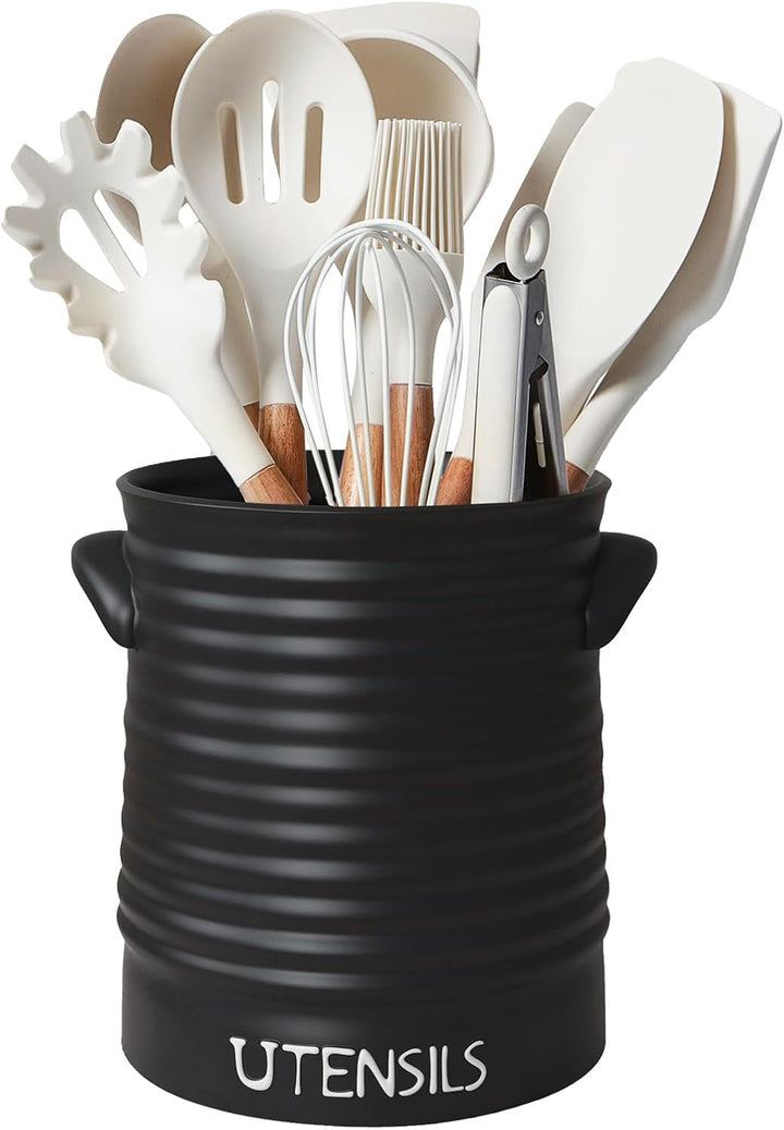 Karisky Kitchen Utensil Holder for Countertop, 6.2" Large Ceramic Utensil Crock with Cork Mat, Handl