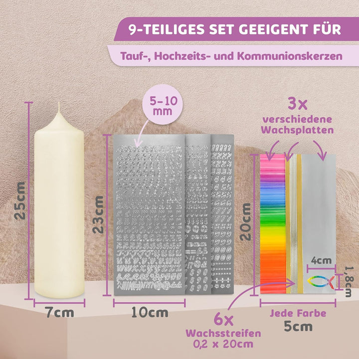 WIKAKERZEN Taufkerze selber Machen Set mit Kerzen-Rohling Buchstaben und Wachsplatten mit Wachsmotiv