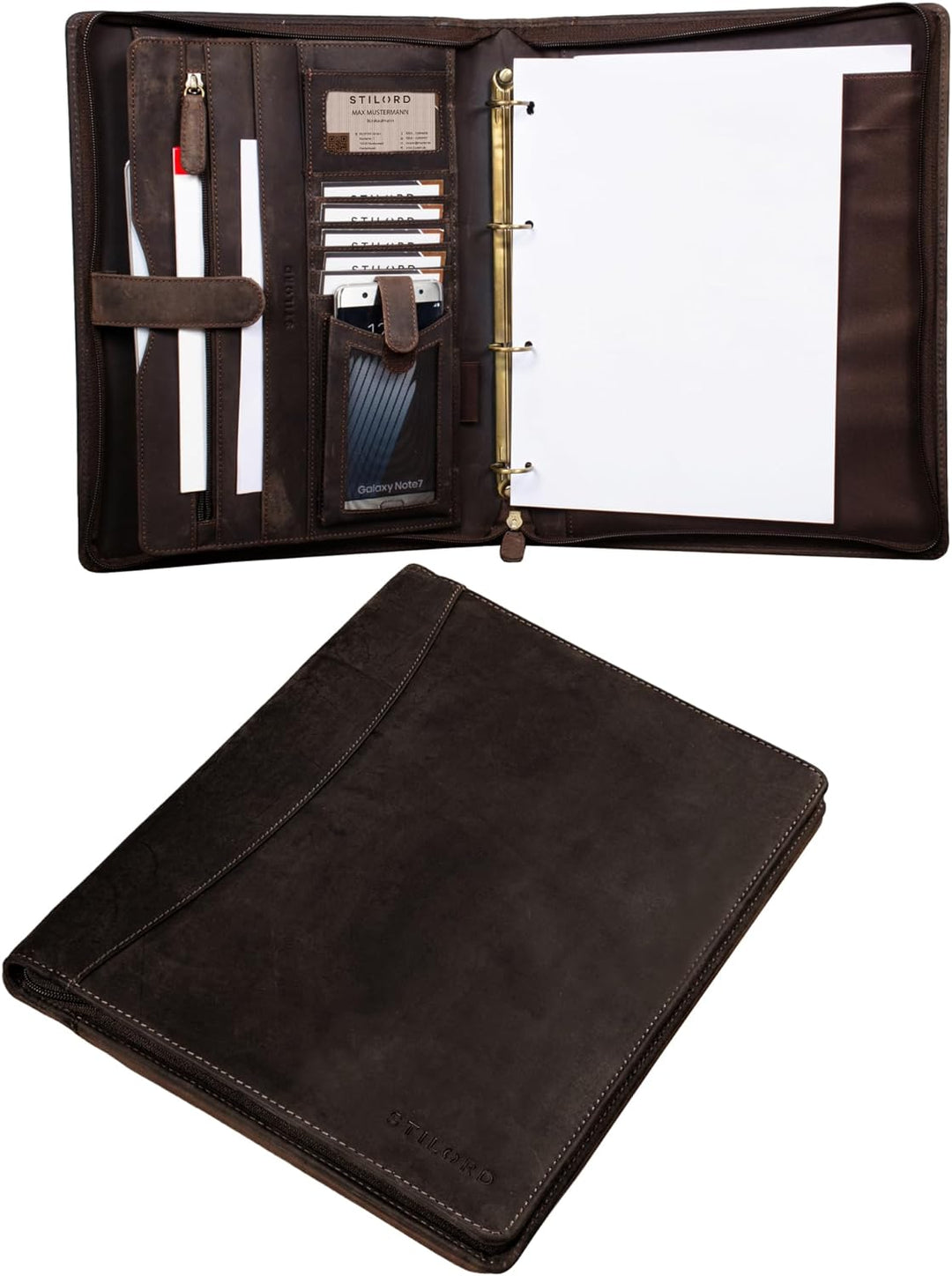 STILORD 'Vincent' Konferenzmappe Leder A4 braun Dokumentenmappe mit Ringmechanik 13,3 Zoll Schreibma