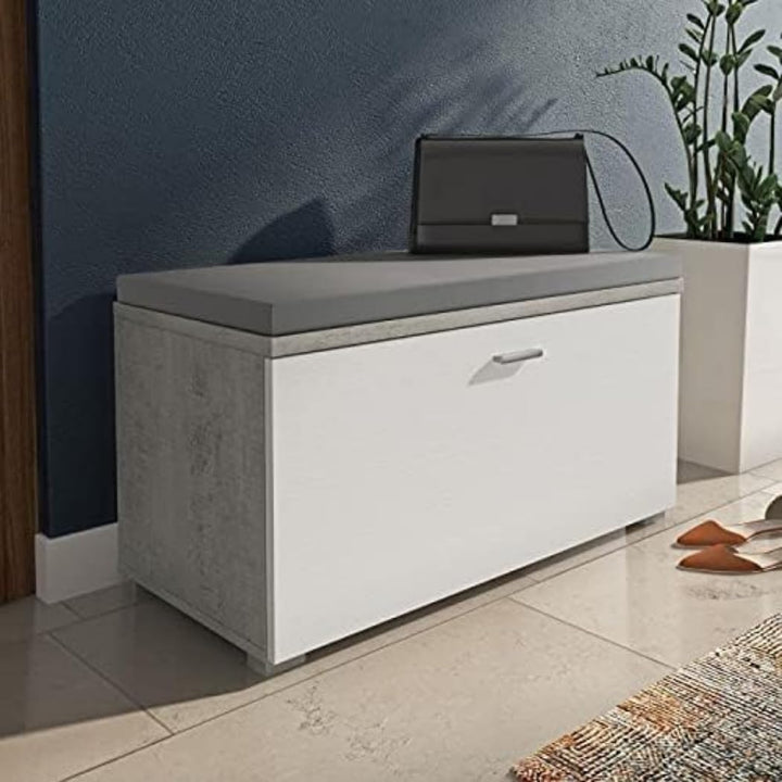 Dmora Modernes Schuhregal mit 1 Klapptür und 4 Fächern, platzsparender Eingangsschuhregal, Bank mit