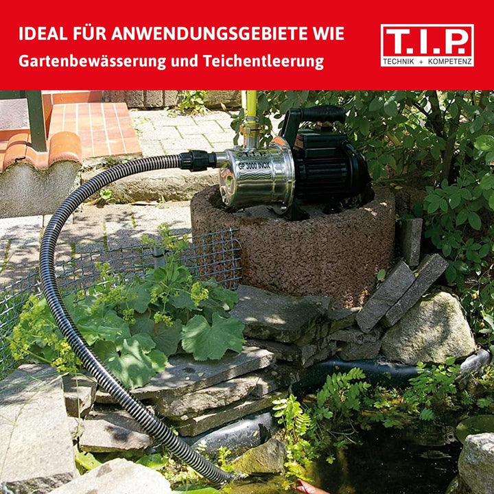 T.I.P. Gartenpumpe Edelstahl mit 4 m Ansauggarnitur (4.400l/h Fördermenge, 50m Förderhöhe, 5,0bar Dr