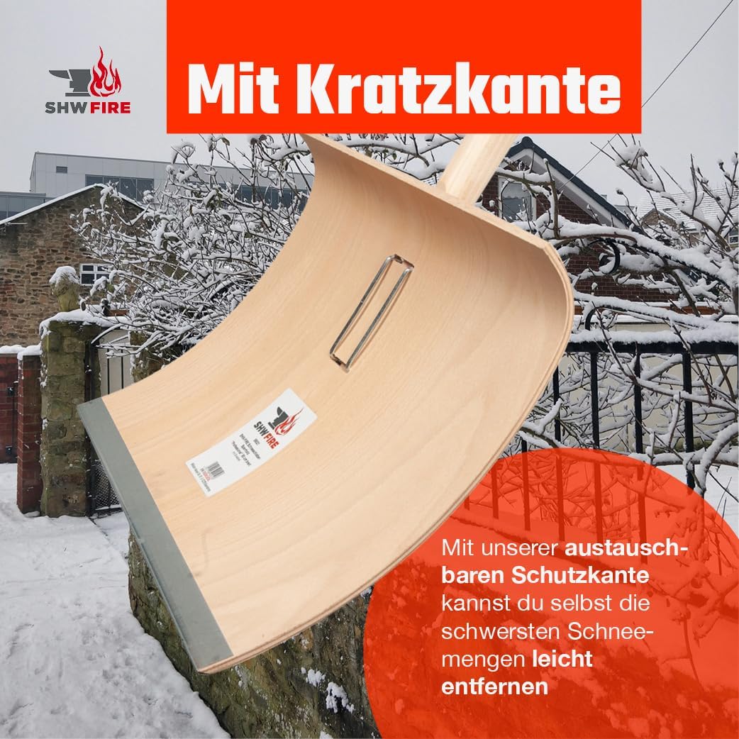 SHW-FIRE Schneeschieber 50cm Breite - Holz Schneeschaufel mit 150cm Ovalstiel und Schutzkante