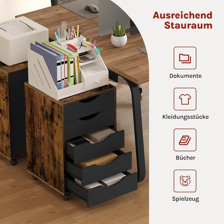 WOLTU Rollcontainer mit 5 Schubladen, mobiler Aktenschrank mit Rollen, Schubladenschrank Büroschrank