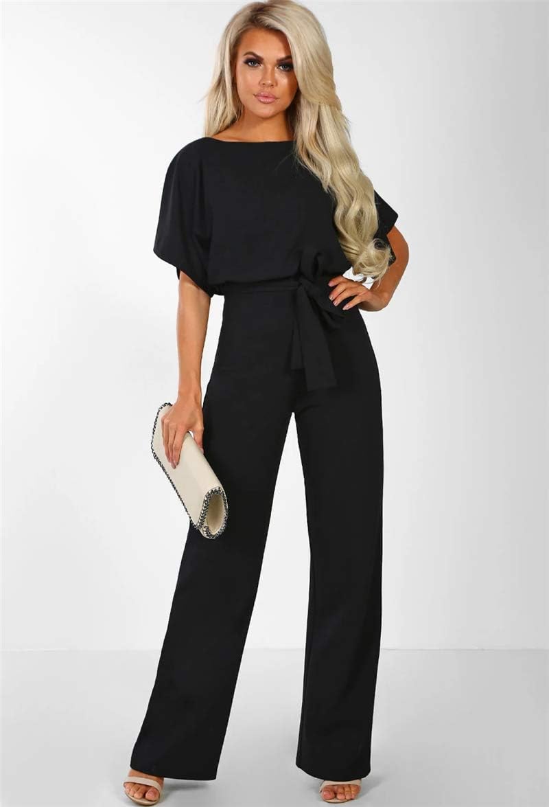 Walant Damen-Jumpsuit, kurzärmlig, Rundhalsausschnitt, einfarbig, Strampler Jumpsuit, Sommer, schick