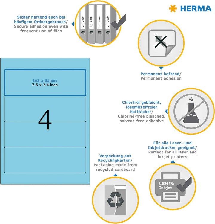 HERMA 4298 Ordnerrücken Etiketten kurz breit, 100 Blatt, 192 x 61 mm, 4 Stück pro A4 Bogen, 400 Ordn
