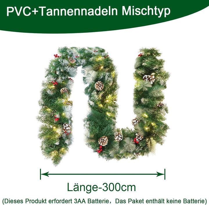UISEBRT Weihnachtsgirlande mit Beleuchtung Tannengirlande 3m, mit 50 LEDs Tannenzapfen Rote Beere Kü