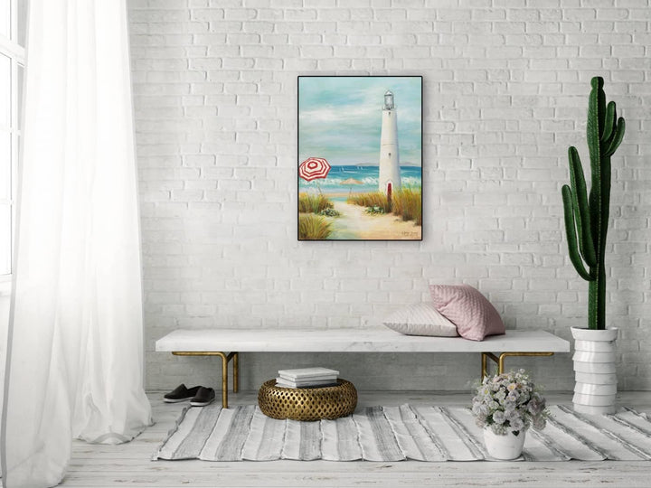 KunstLoft Leinwandbild | 100% HANDGEMALT | 60x80cm | Gemälde 'Maritime Brise' | Leuchtturm | Blau We