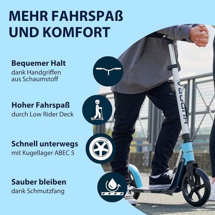 HUDORA BigWheel Pure Scooter - Stabiler Aluminium-Roller mit Ständer - Höhenverstellbarer & zusammen