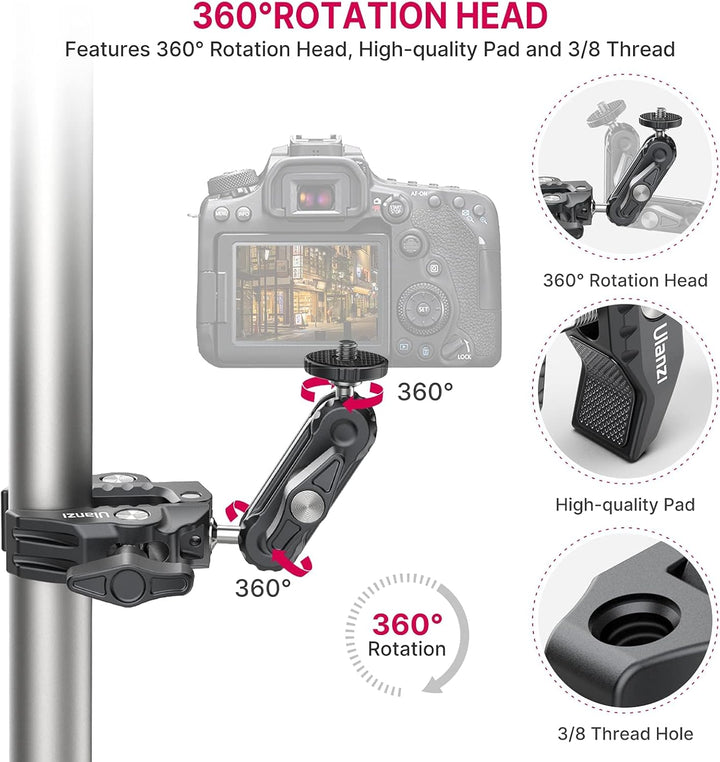 ULANZI R094 Klemmstativ Kamera, Magic Arm mit Super Clamp Crab und 360° Doppelkugelkopf mit 1/4" & 3