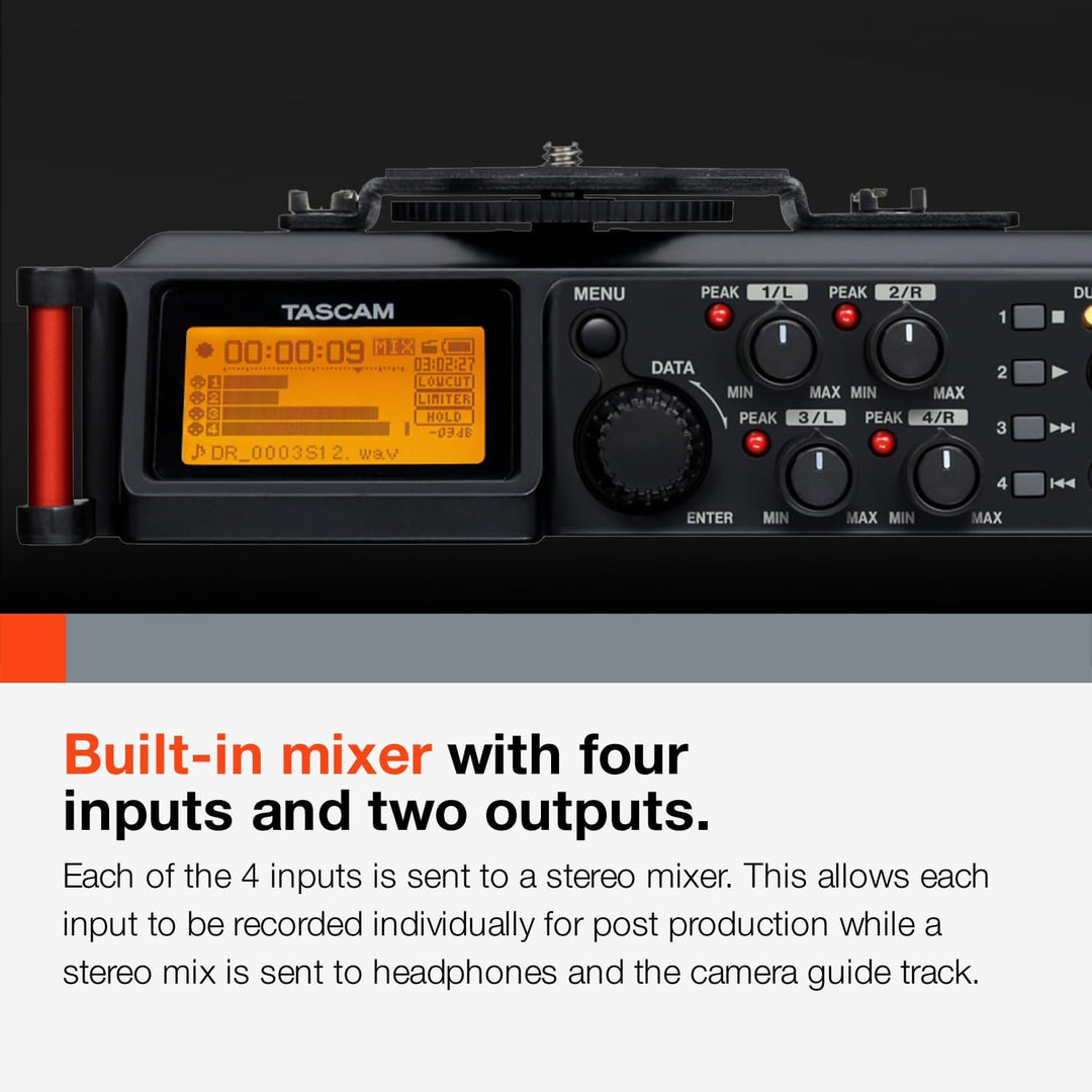 TASCAM Tragbarer 4-Kanal-Audio-Recorder für Videofilmer, 4 Kombi-XLR/TRS-Eingänge, 2 interne Mikrofo