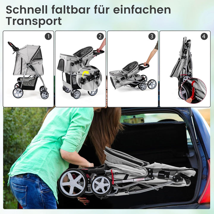 COSTWAY Hundewagen Haustiere Buggy, bis 15 kg, Hundebuggy mit Netzfenstern & Getränkehalter & Korb &