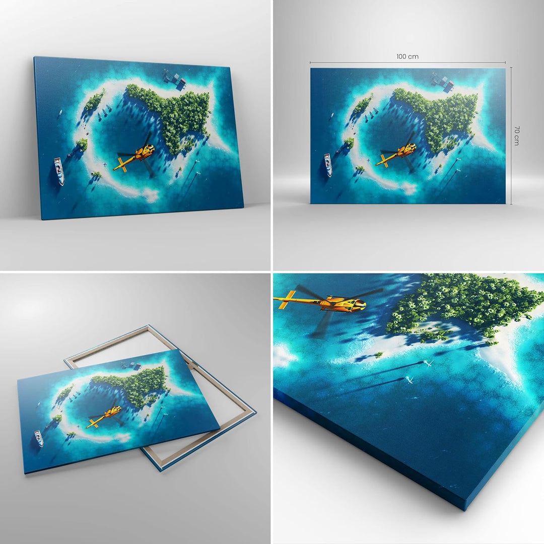 Bilder auf Leinwand 100x70cm Leinwandbild Hubschrauber Ozean Insel Paradies Gross Wanddeko Bild Schl