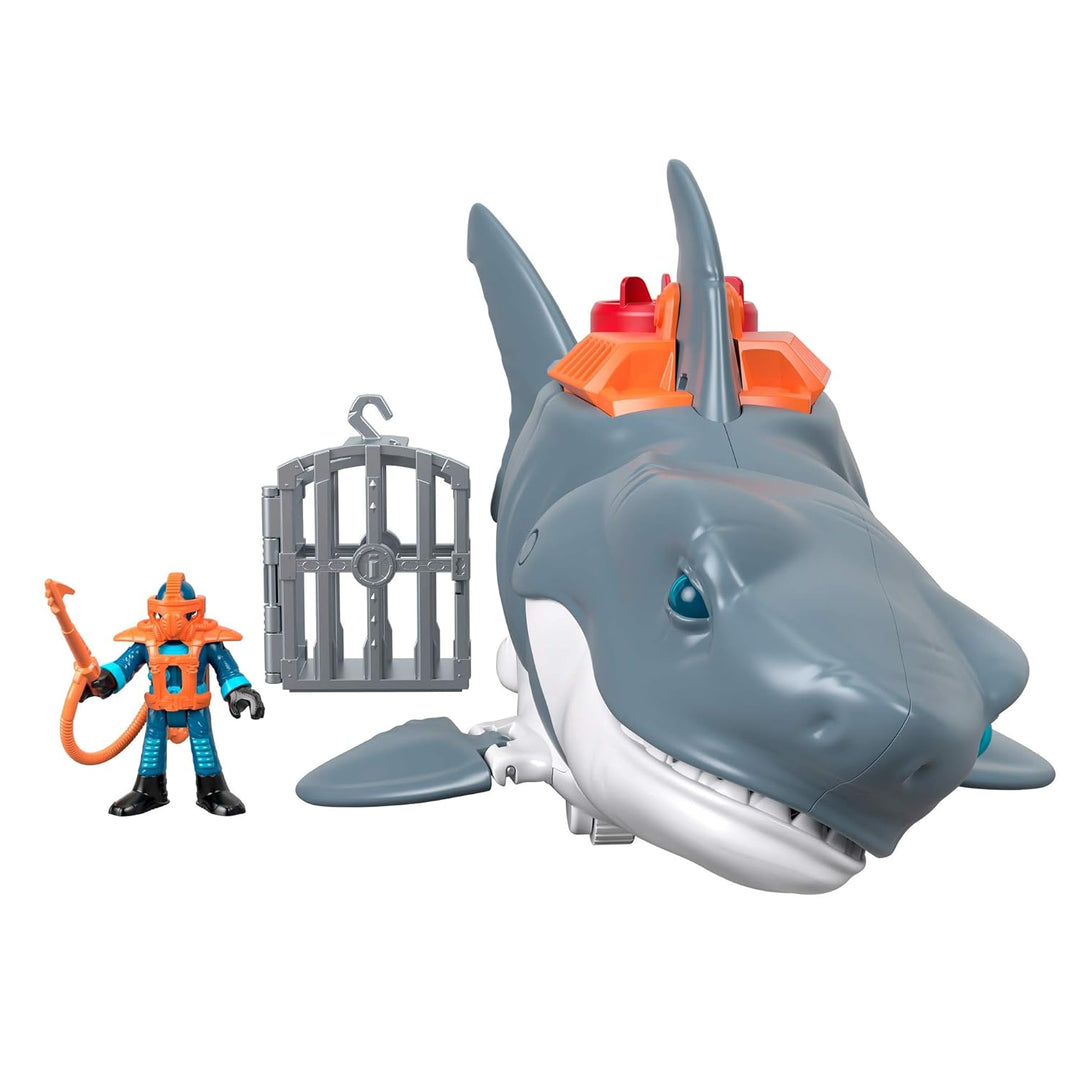 Fisher-Price Imaginext GKG77 - Grosser Spielzeug-Hai mit Taucher-Figur, Käfig und Zubehör, macht Kau