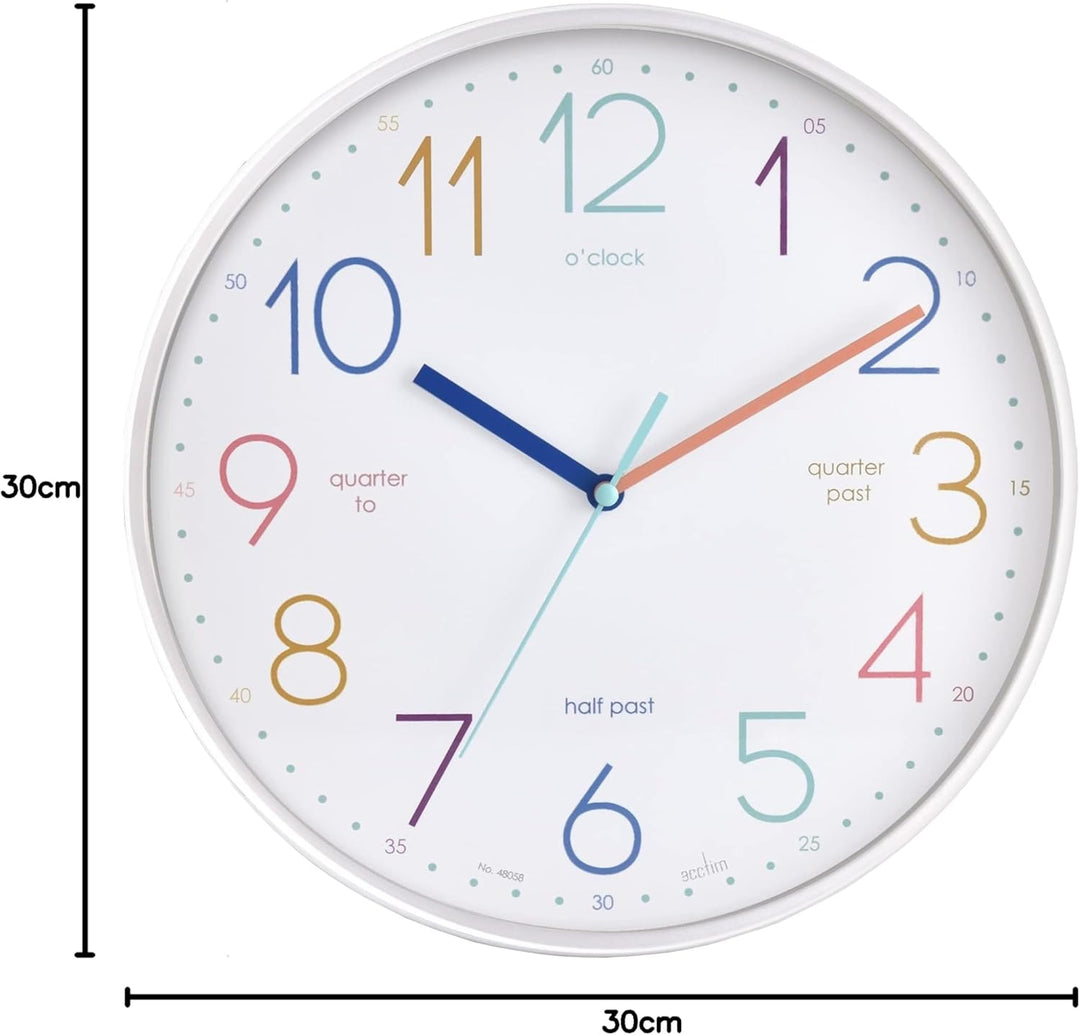 Acctim Afia Teaching Kinder-Wanduhr, kein Ticken, Quarz, vierteljährlich, 30 cm, Weiss