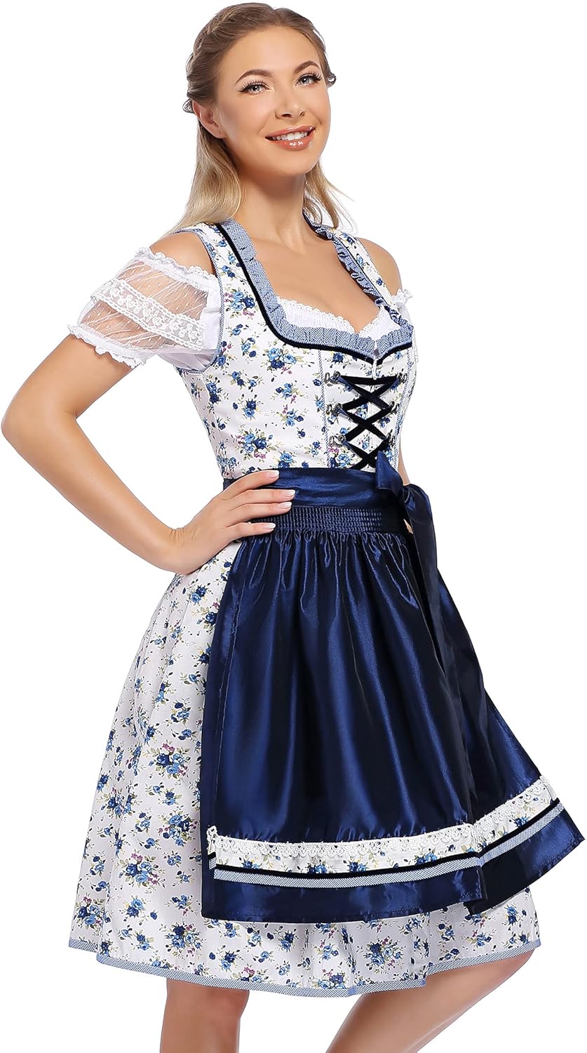 KOJOOIN Trachtenkleid Damen Dirndl Kurz Midi 3tlg. für Oktoberfest-DREI Teilig: Kleid, Bluse, Schürz