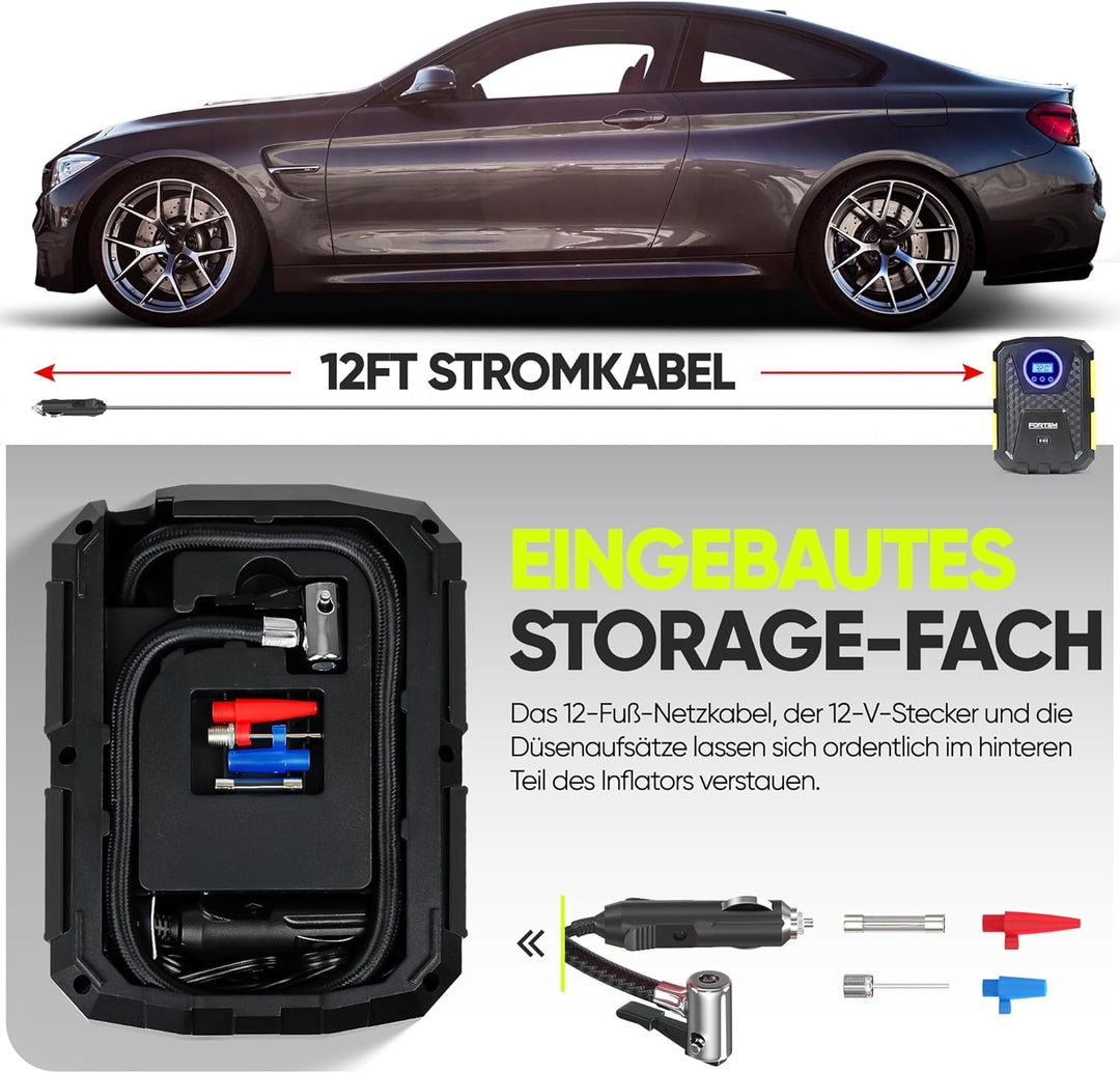 Fortem Tragbarer Kompressor Autoreifen, Kompressor Fahrrad, 12V Autoreifen Pumpe und Fahrradpumpe El