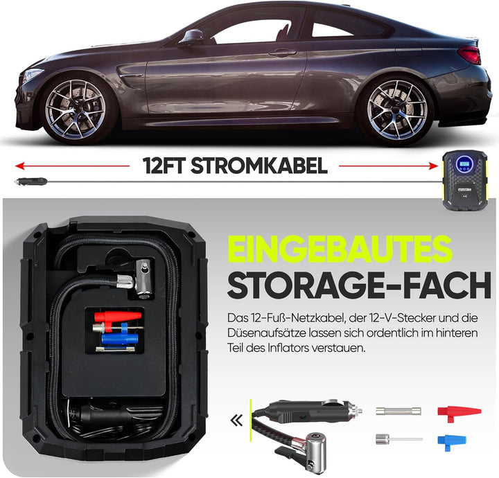 Fortem Tragbarer Kompressor Autoreifen, Kompressor Fahrrad, 12V Autoreifen Pumpe und Fahrradpumpe El