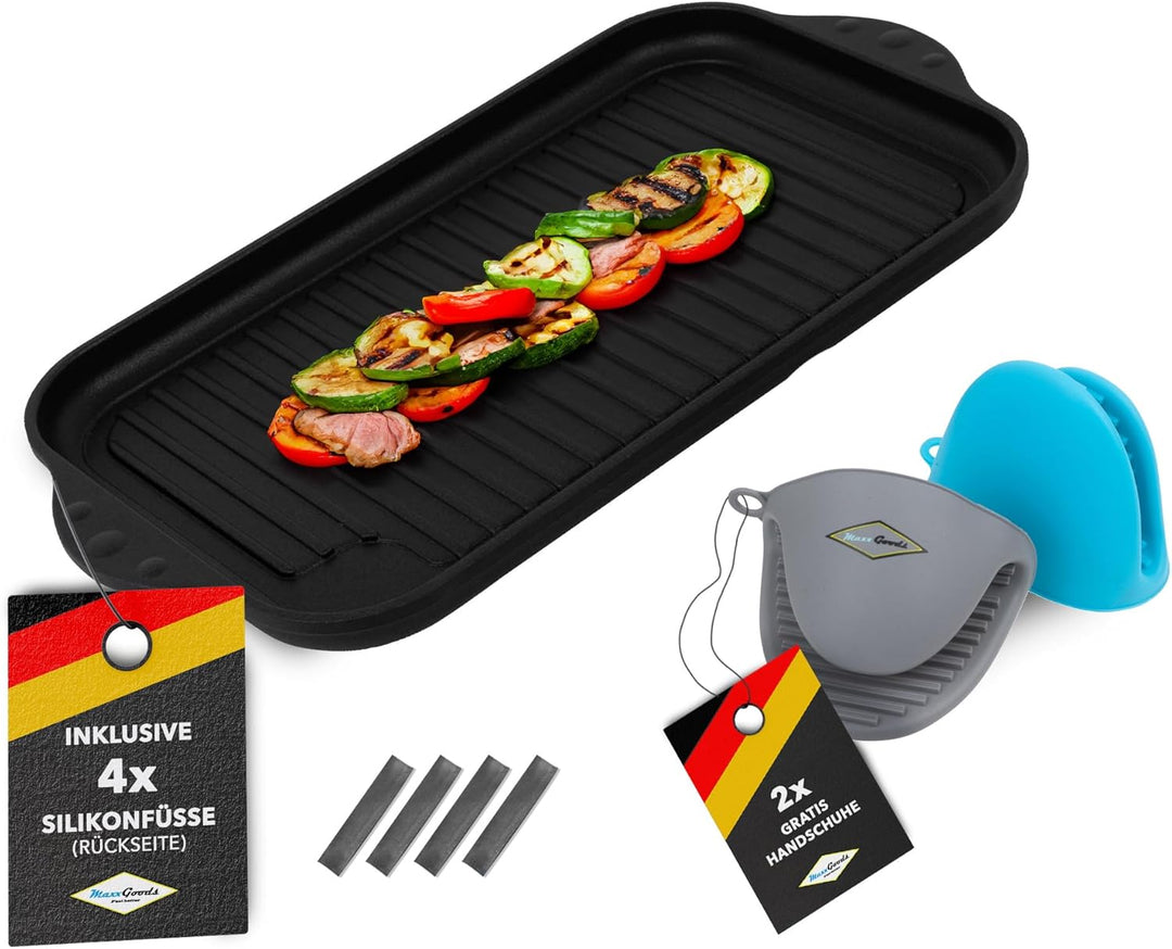 MaxxGoods - Aluminiumguss Grillplatte komplett gerippt - 37,5x22,8x2,5cm - für Induktion & alle gäng