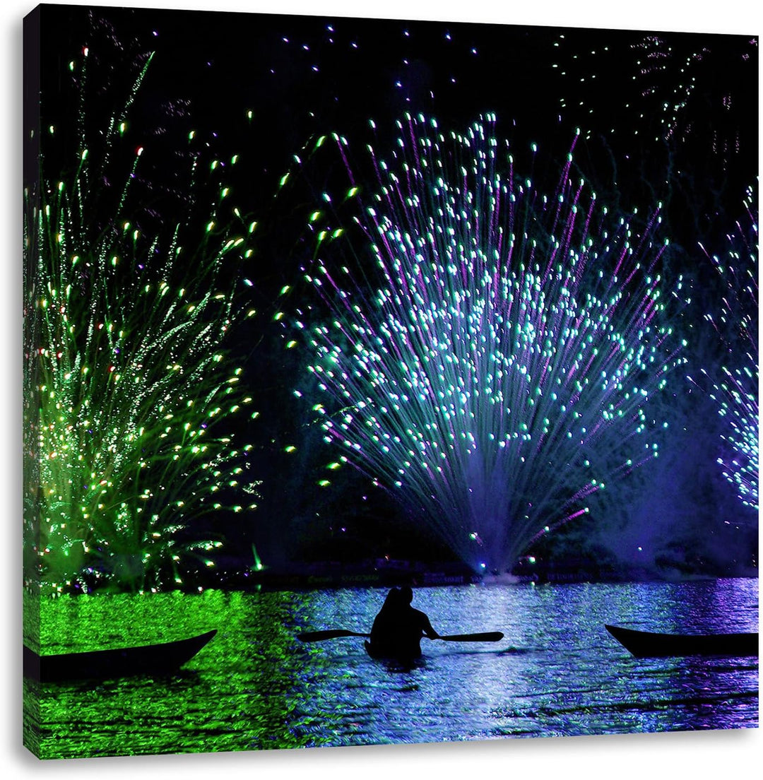 Feuerwerk auf dem Wasser, Format: 70x70 auf Leinwand, XXL riesige Bilder fertig gerahmt mit Keilrahm