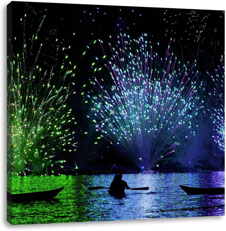 Feuerwerk auf dem Wasser, Format: 70x70 auf Leinwand, XXL riesige Bilder fertig gerahmt mit Keilrahm