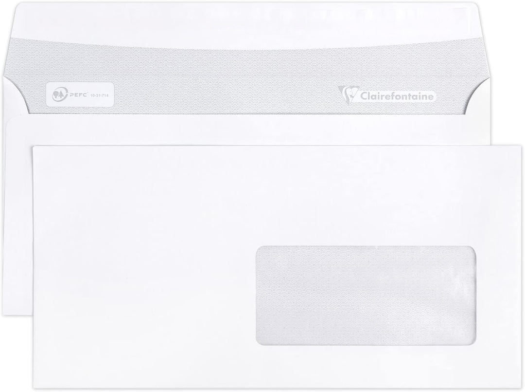 Clairefontaine 10935C - Karton mit 500 Umschlägen DL-110x220mm, selbstklebend, 90g, mit Sichtfenster