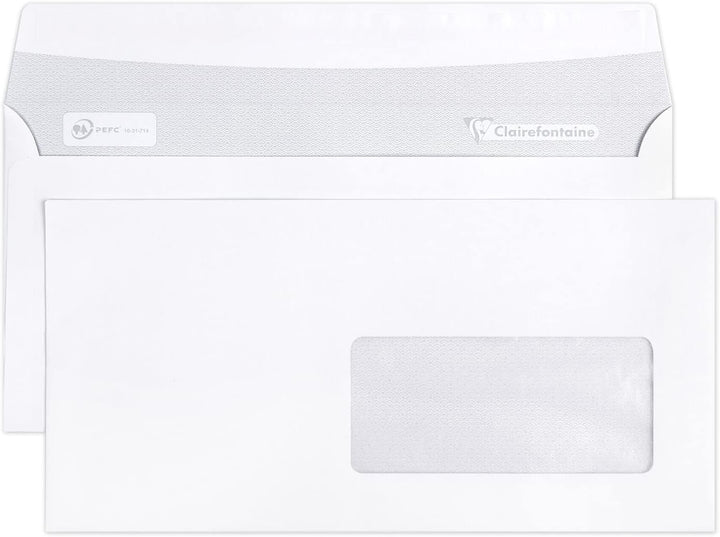 Clairefontaine 10935C - Karton mit 500 Umschlägen DL-110x220mm, selbstklebend, 90g, mit Sichtfenster