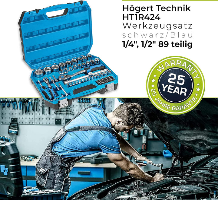 Högert Technik - Werkzeugset I Steckschlüssel, Bits und Zubehör I 1/4” und 1/2” I Legiertem Cr-V-Sta