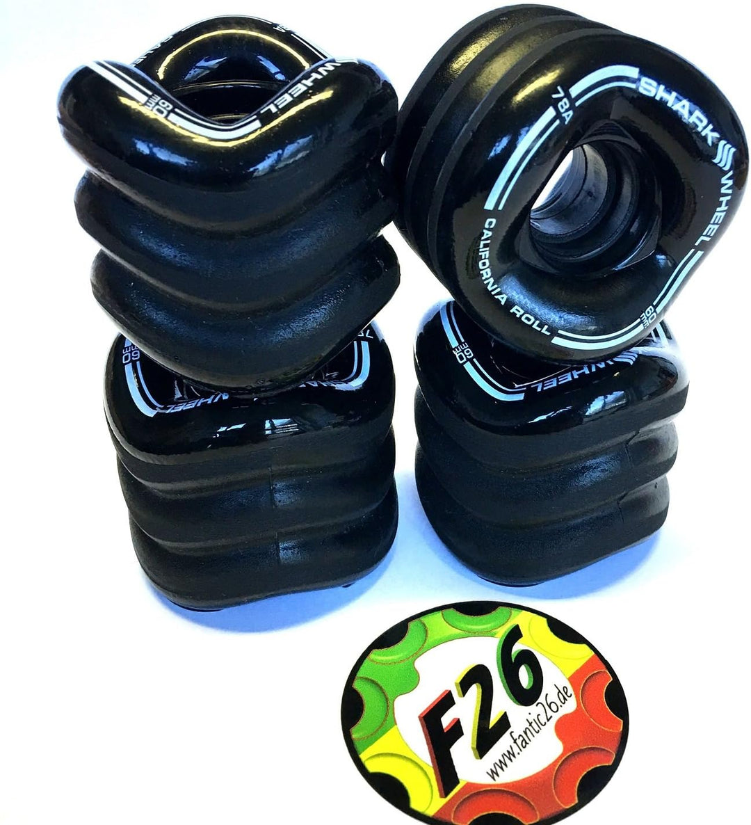 Shark Wheels California Roll Cruiser Rollen 60mm/78A (4er Set) + Fantic26 Sticker Schwarz, Schwarz