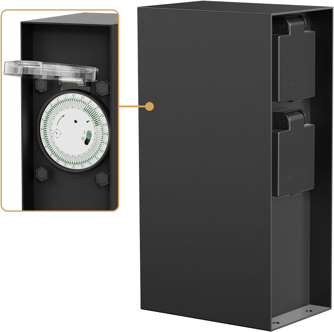 ledscom.de Garten Steckdosensäule POMI für aussen, IP44, Timer/Zeitschaltuhr, 2-Fach, schwarz, eckig