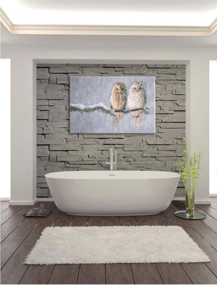 Pixxprint Zwei Eulen in Winterlandschaft Kunst Pinsel Effekt, Format: 100x70 auf Leinwand, 100x70