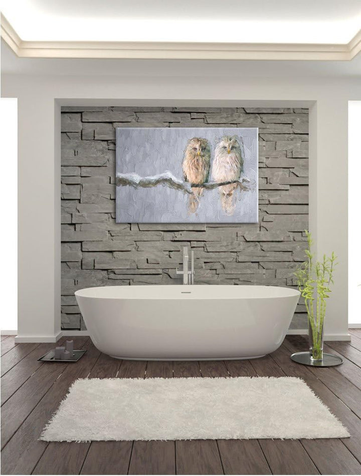 Pixxprint Zwei Eulen in Winterlandschaft Kunst Pinsel Effekt, Format: 100x70 auf Leinwand, 100x70