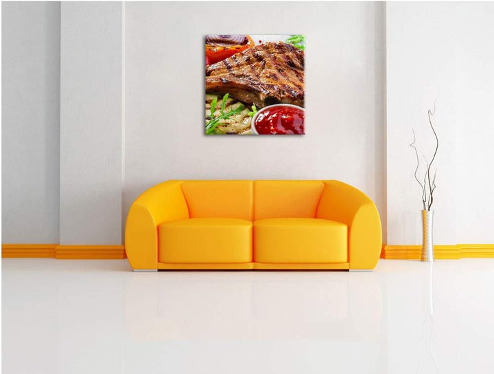 Gegrilltes Steak, Format: 70x70 auf Leinwand, XXL riesige Bilder fertig gerahmt mit Keilrahmen, Kuns