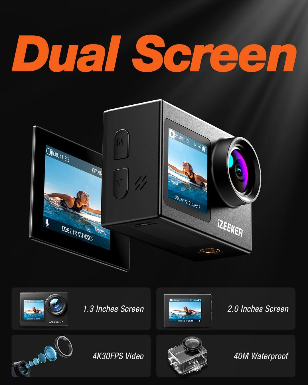 iZEEKER Action Cam 4K 24MP, Unterwasserkamera 40M Wasserdicht mit EIS,Dual-Screen-Kamera, Touchscree