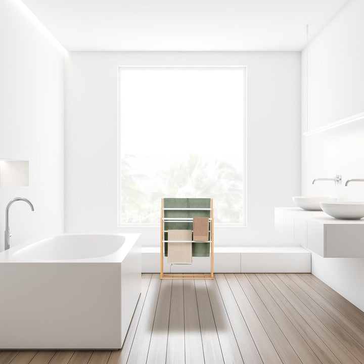 Relaxdays Handtuchständer, 6 Stangen, Bambus, H x B x T: 82 x 55 x 24 cm, freistehend, Bad Duschtuch