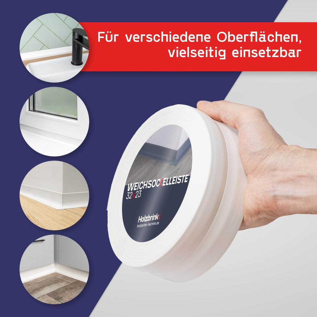 HOLZBRINK Weichsockelleiste selbstklebend WEISS Knickleiste, 32x23mm, 15 Meter 15m Weiss, 15m Weiss