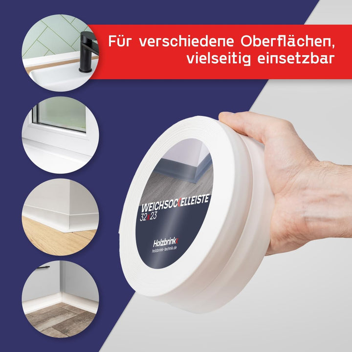 HOLZBRINK Weichsockelleiste selbstklebend WEISS Knickleiste, 32x23mm, 15 Meter 15m Weiss, 15m Weiss