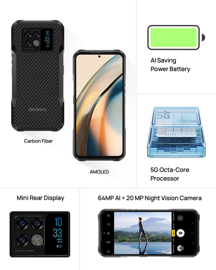 DOOGEE V20 Dual 5G Outdoor Smartphone, 6.43 Zoll 2K AMOLED Outdoor Handy, 8GB+256GB,64 MP Triple-Kam