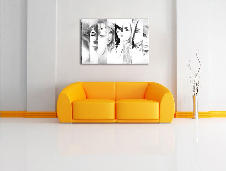 Frauenköpfe Kohle Effekt, Format: 100x70 auf Leinwand, XXL riesige Bilder fertig gerahmt mit Keilrah