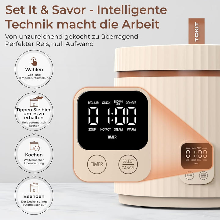TOKIT Reiskocher Klein Pro 1,5L Mini aber Multifunktionen mit Display-Touch-Taste für 1-3 Personen K