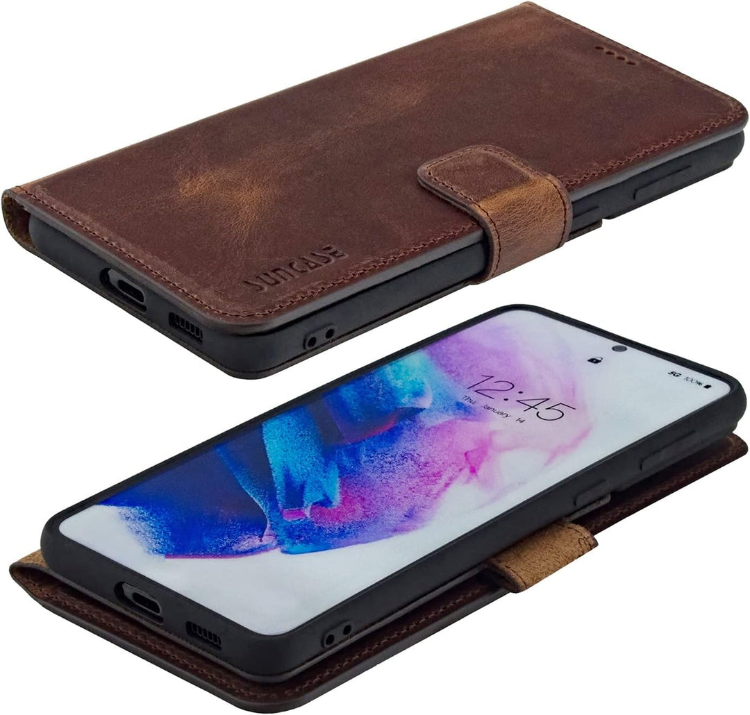 Suncase Book-Style Hülle kompatibel mit Samsung Galaxy S23 5G Leder Tasche (Slim-Fit) Lederhülle Han