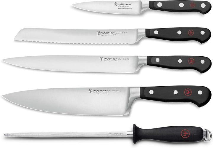 WÜSTHOF Classic Messergarnitur mit 5 Artikeln, Schwarz,silber 4 Kochmesser, Wetzstahl, 4 Kochmesser,
