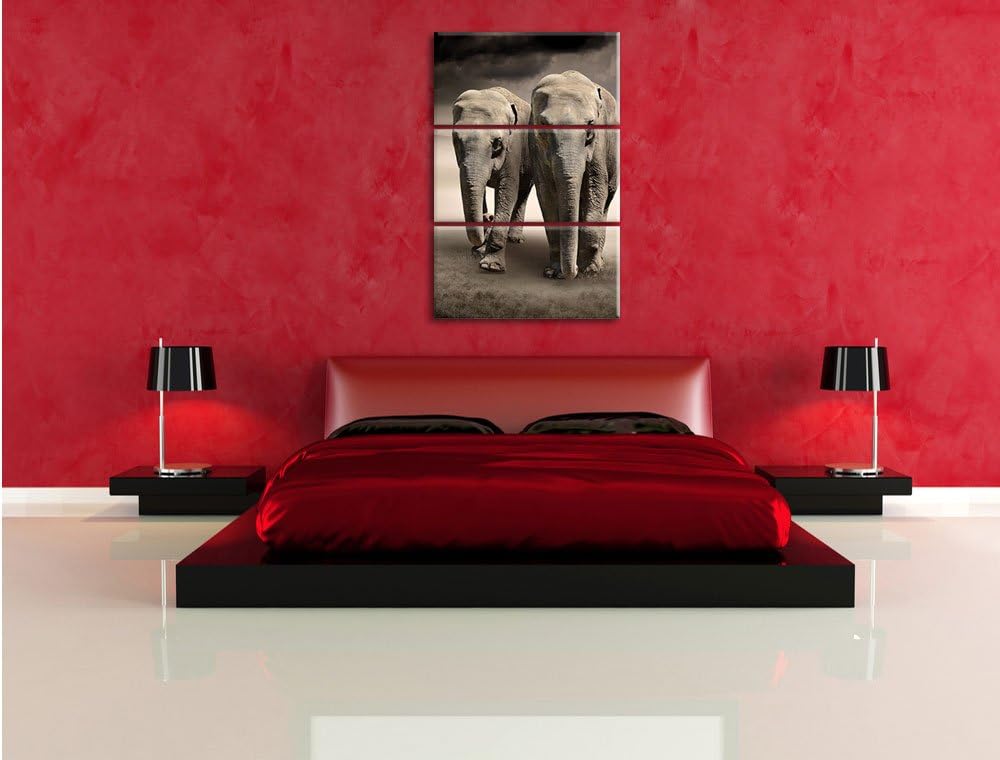 Pixxprint Zwei Elefanten in Steppe als Leinwandbild/Grösse: 3 Teilig (120x80) cm/Wandbild/Kunstdruck