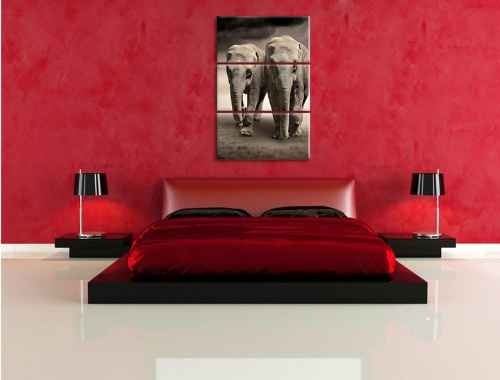 Pixxprint Zwei Elefanten in Steppe als Leinwandbild/Grösse: 3 Teilig (120x80) cm/Wandbild/Kunstdruck